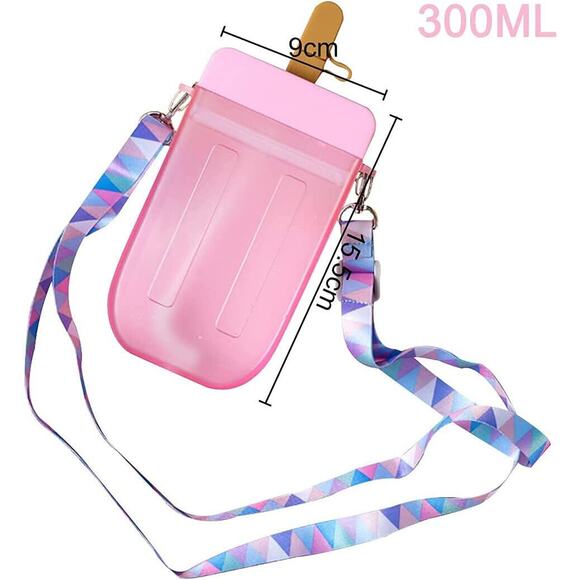New Cute Straw Water Bottle Ice Cream Popsicle Cup with Shoulder Strap. Pink - Picture 2 of 11